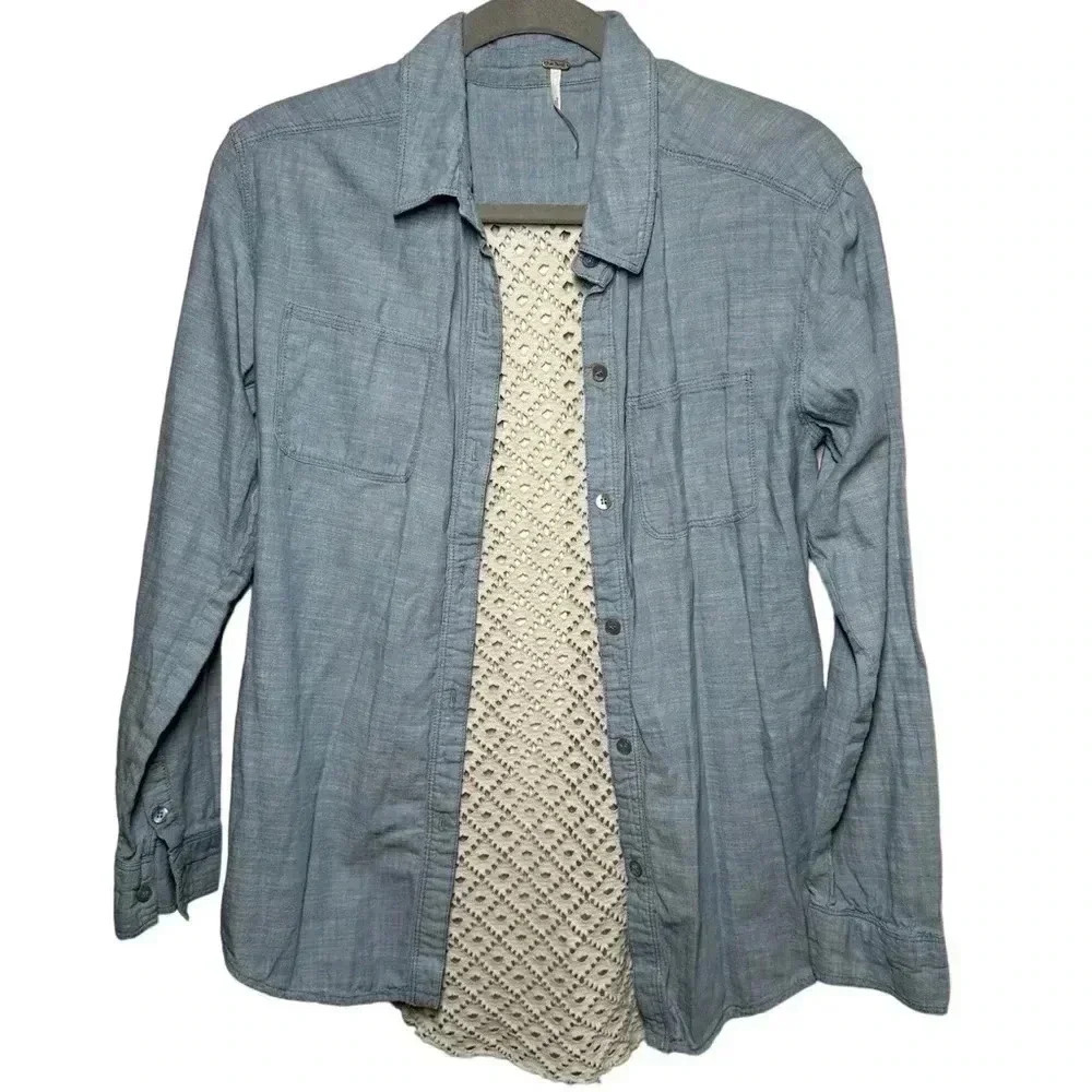 Free People Light Blue Button-Up Shirt with Cream Crochet Tank